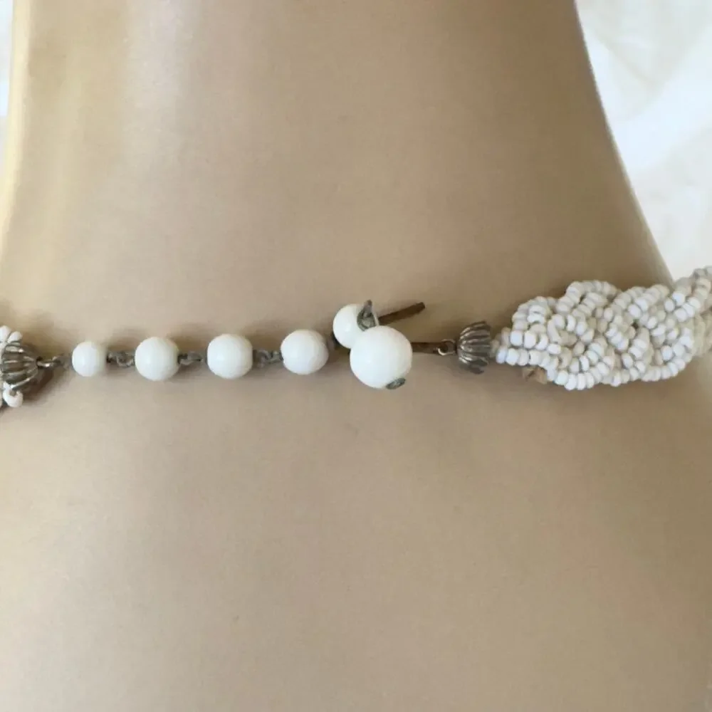 Vintage 1950’s White Milk Glass Micro Bead 6 Strand Adjustable Choker Necklace
